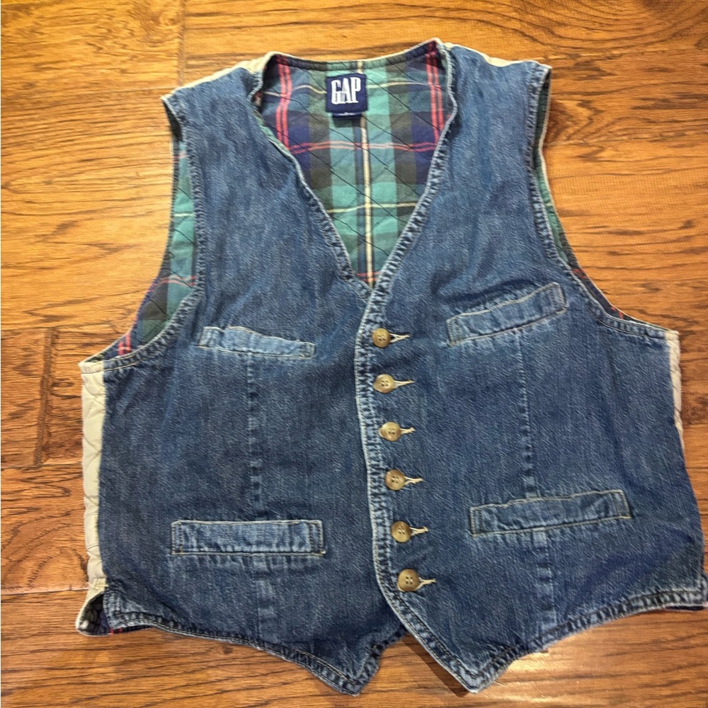 Vintage 90s GAP Reversible Denim & Plaid Quilted Vest Men’s Small